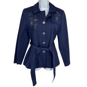 Susan Graver Button-Up Belted Jacket With Floral Embellishments Womens Size S